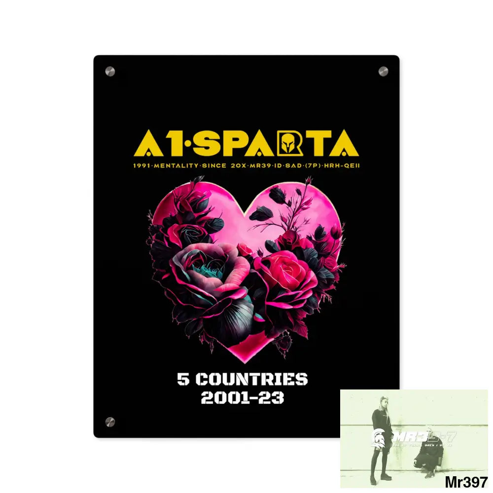 A1-Sparta 5 Countries 2001-23 Heart made of pink roses with black accents Acrylic Wall Art Panels 16″ x 20″ (Vertical)