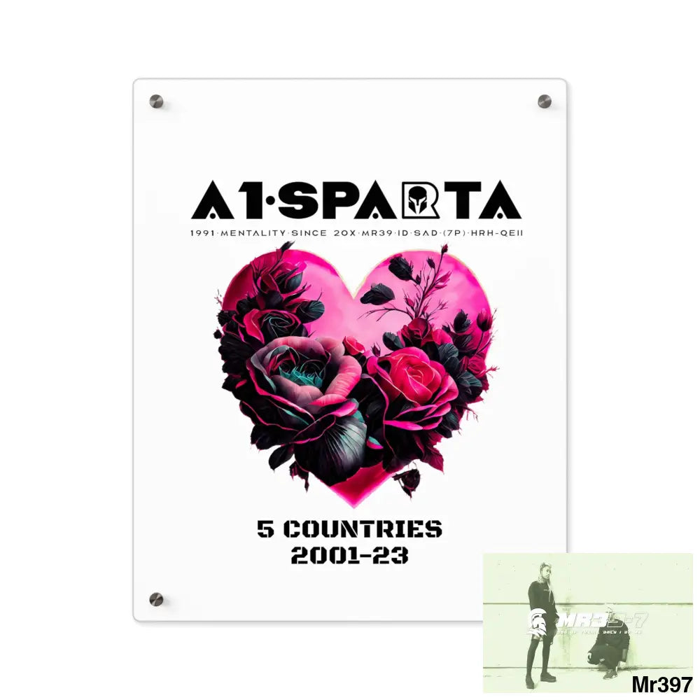 A1-Sparta 5 Countries 2001-23 Heart made of pink roses with black accents Acrylic Wall Art Panels 16″ x 20″ (Vertical)