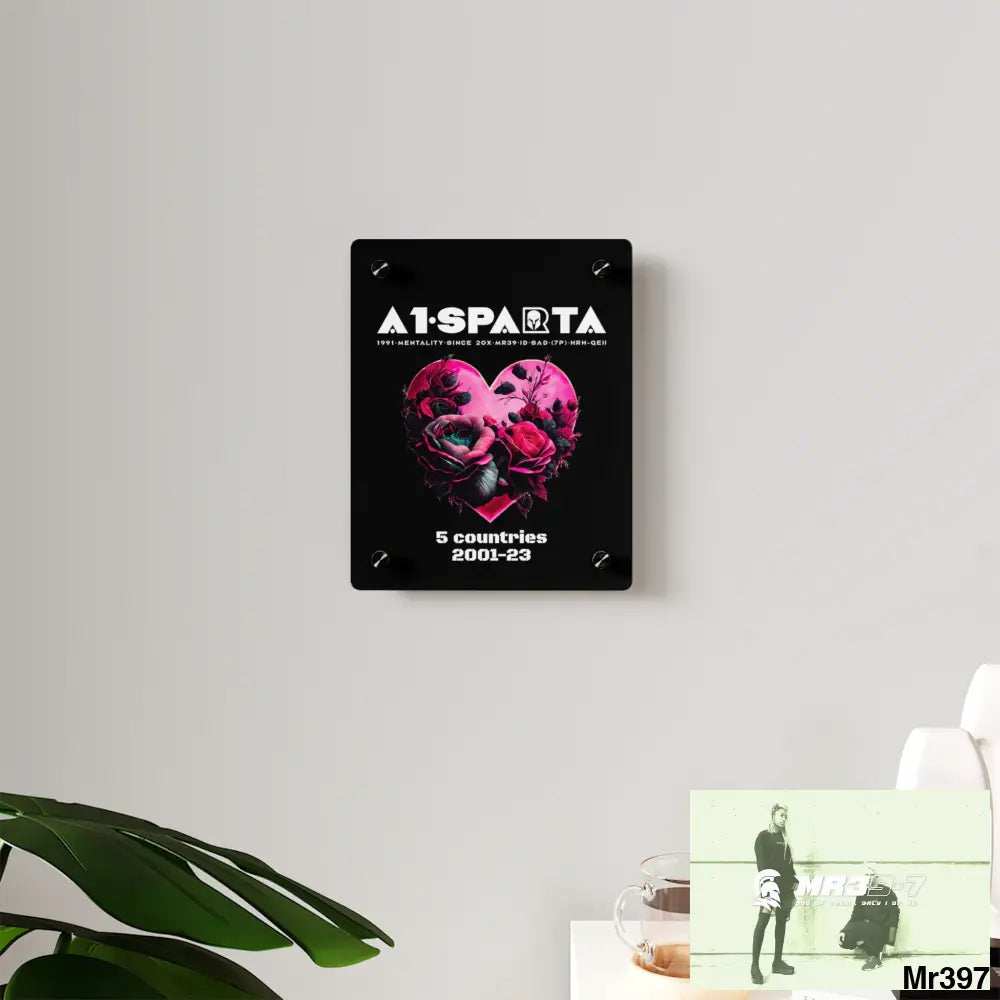 A1-Sparta 5 Countries 2001-23 Heart made of pink roses with black accents- Acrylic Wall Art Panels Home Decor