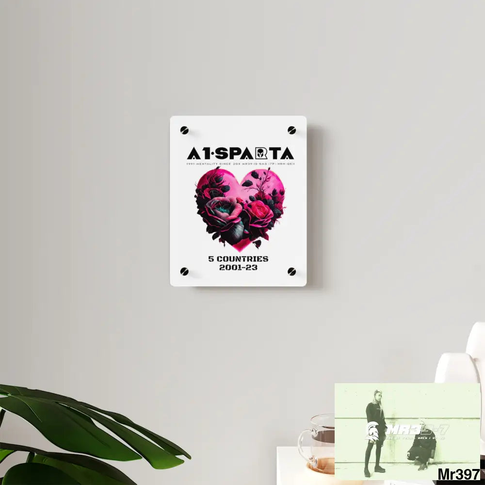 A1-Sparta 5 Countries 2001-23 Heart made of pink roses with black accents Acrylic Wall Art Panels Home Decor