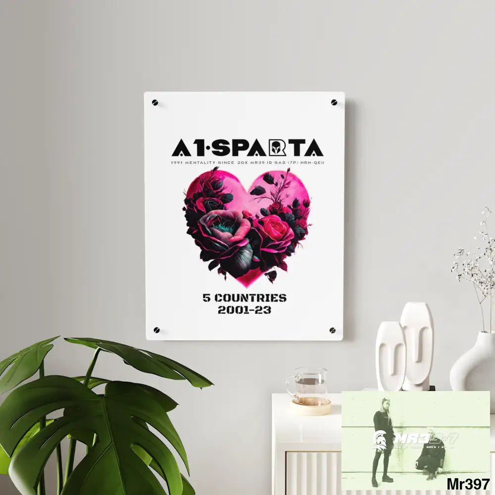 A1-Sparta 5 Countries 2001-23 Heart made of pink roses with black accents Acrylic Wall Art Panels Home Decor