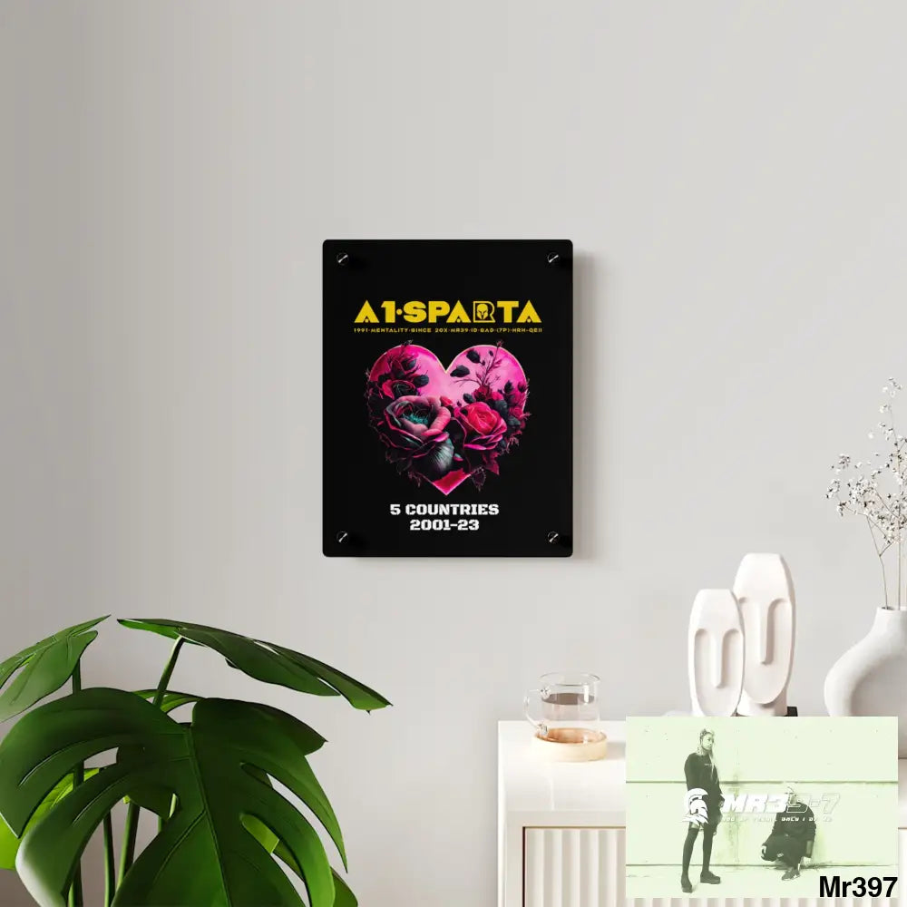 A1-Sparta 5 Countries 2001-23 Heart made of pink roses with black accents Acrylic Wall Art Panels Home Decor