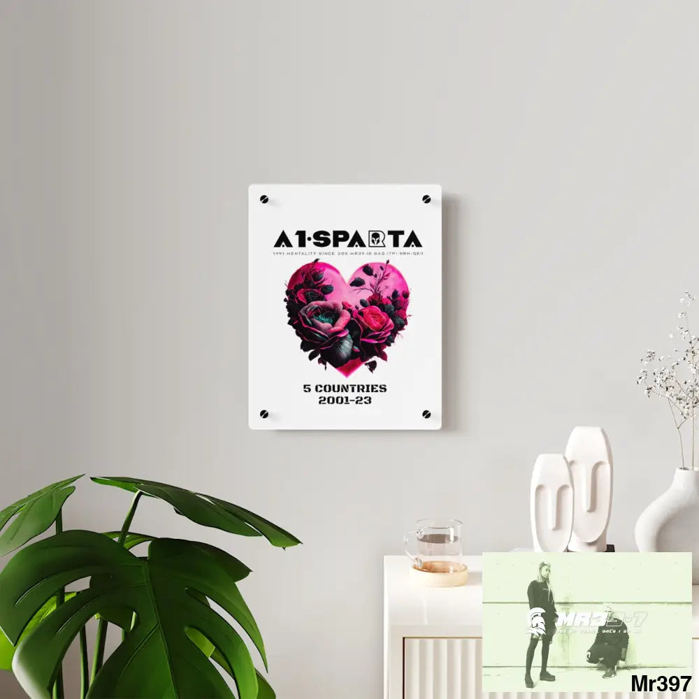 A1-Sparta 5 Countries 2001-23 Heart made of pink roses with black accents Acrylic Wall Art Panels Home Decor