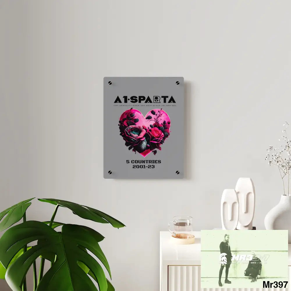 A1-Sparta 5 Countries 2001-23 Heart made of pink roses with black accents Acrylic Wall Art Panels Home Decor