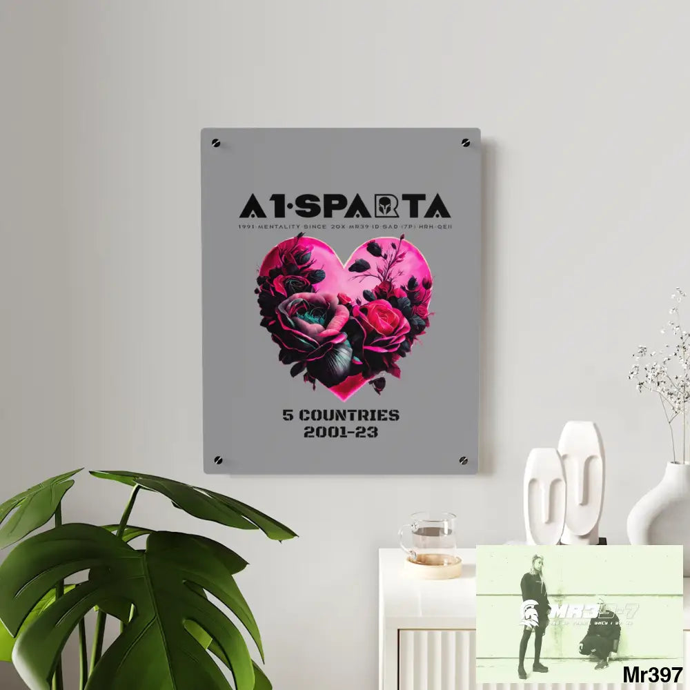A1-Sparta 5 Countries 2001-23 Heart made of pink roses with black accents Acrylic Wall Art Panels Home Decor