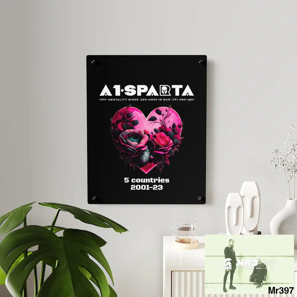 A1-Sparta 5 Countries 2001-23 Heart made of pink roses with black accents- Acrylic Wall Art Panels Home Decor