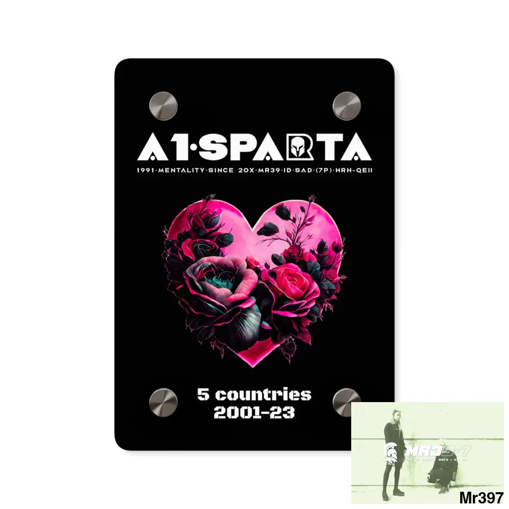 A1-Sparta 5 Countries 2001-23 Heart made of pink roses with black accents- Acrylic Wall Art Panels 5’’ x 7’’ (Vertical)