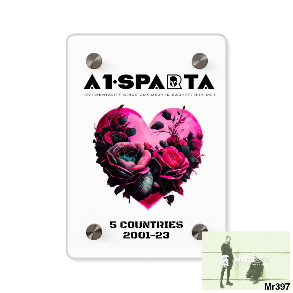 A1-Sparta 5 Countries 2001-23 Heart made of pink roses with black accents Acrylic Wall Art Panels 5’’ x 7’’ (Vertical)