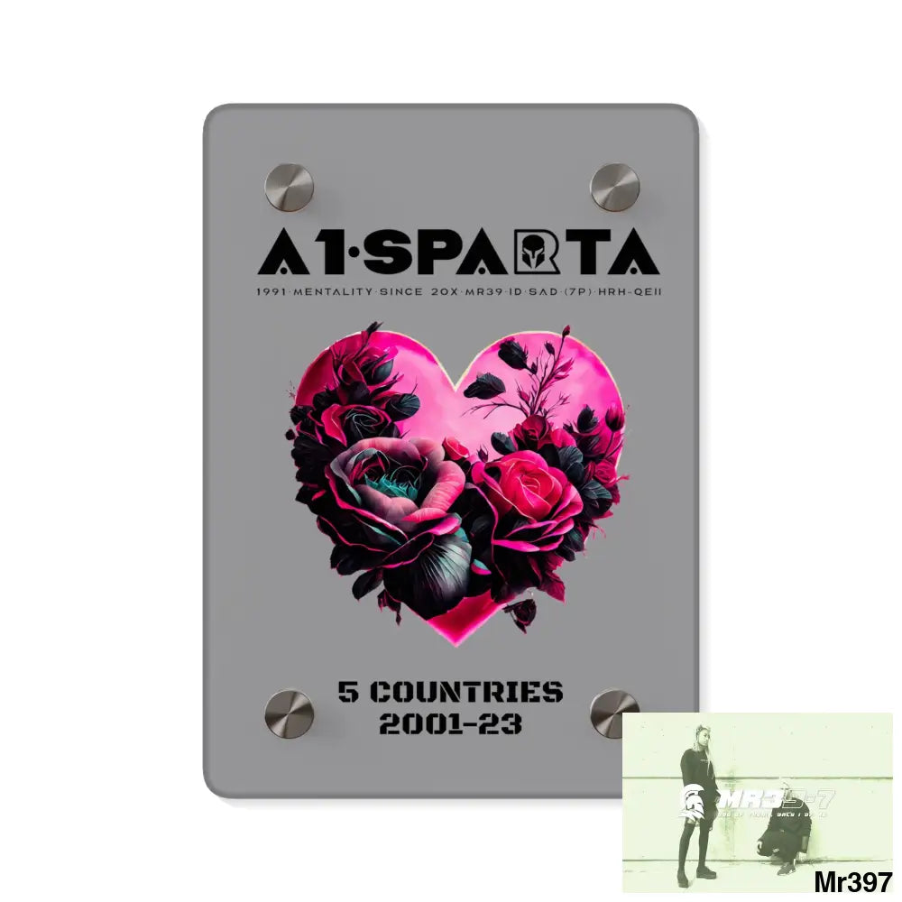 A1-Sparta 5 Countries 2001-23 Heart made of pink roses with black accents Acrylic Wall Art Panels 5’’ x 7’’ (Vertical)