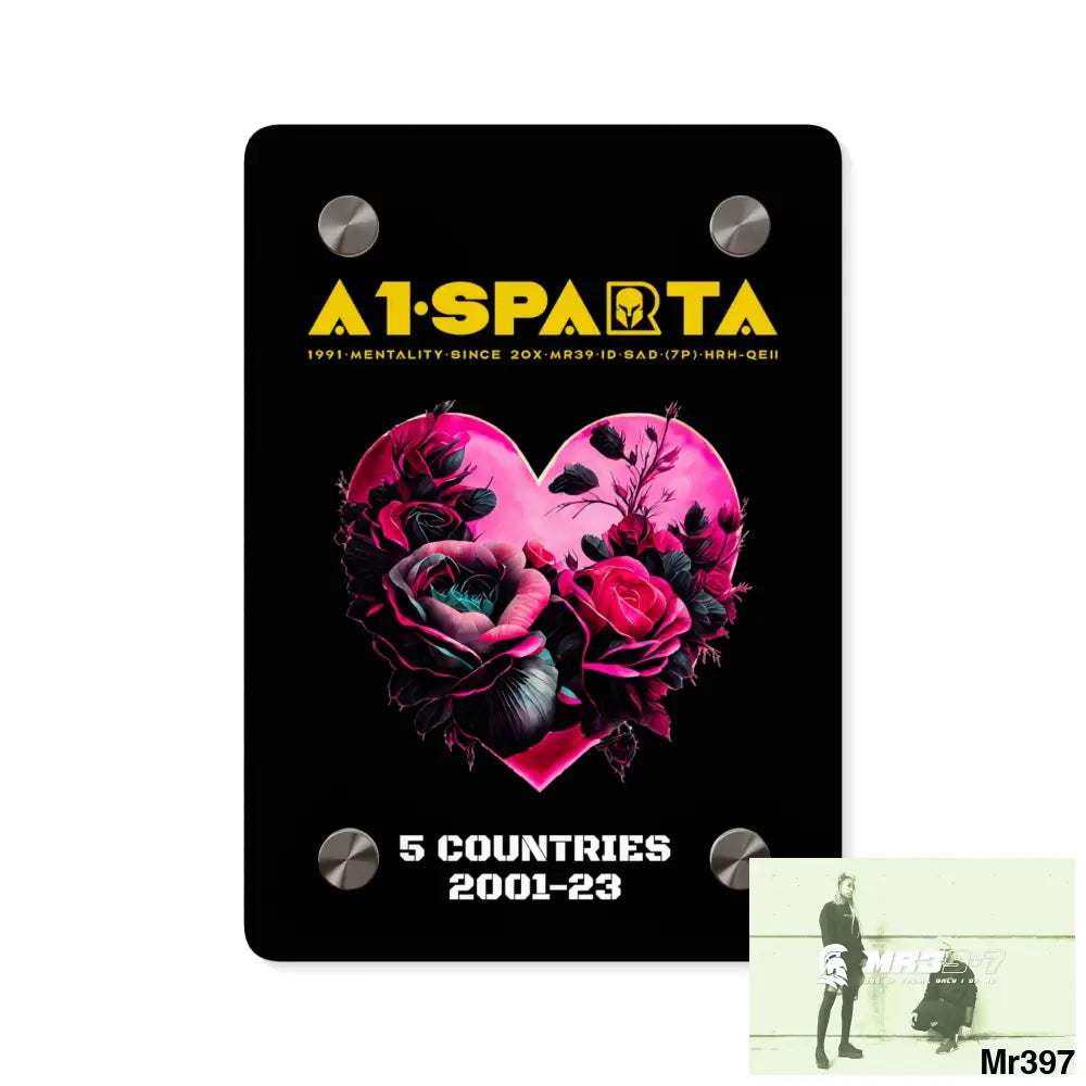 A1-Sparta 5 Countries 2001-23 Heart made of pink roses with black accents Acrylic Wall Art Panels 5’’ x 7’’ (Vertical)