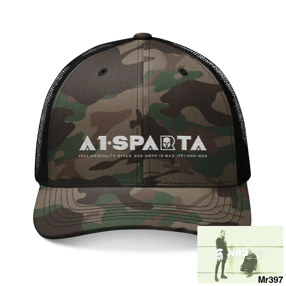 A1 Sparta Camouflage Trucker Hat with Embroidery | Military Style Cap Outdoor Adventure Gear Hunting Accessories Casual