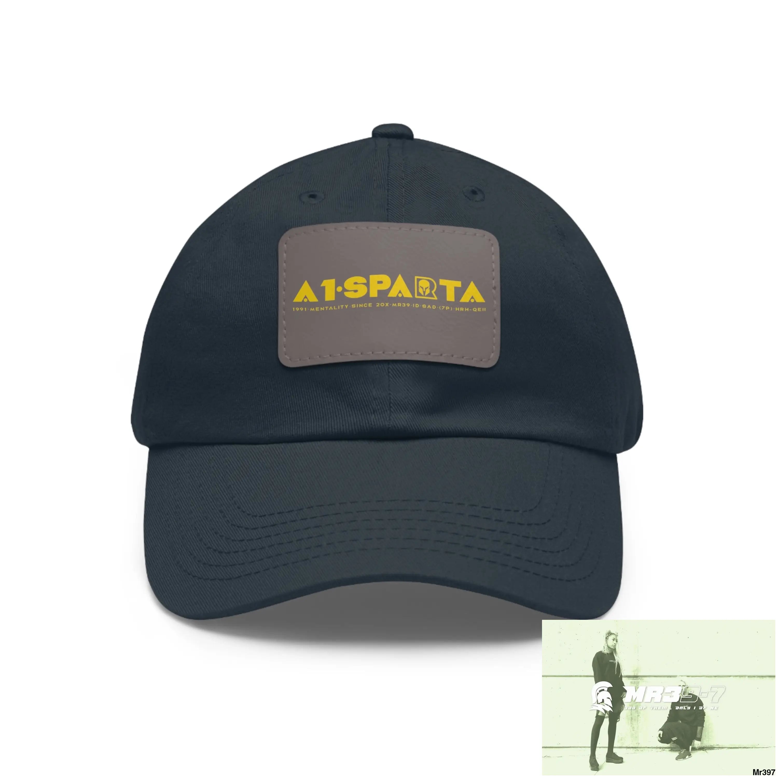 A1•Sparta Dad Hat with Leather Patch (Rectangle) Navy / Grey patch / Rectangle / One size Hats