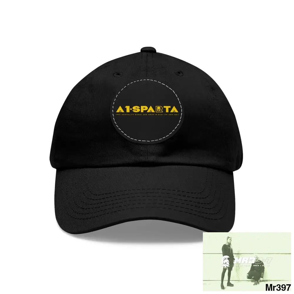 A1.Sparta Dad Hat with Leather Patch (Round) Black / Black patch / Circle / One size Hats