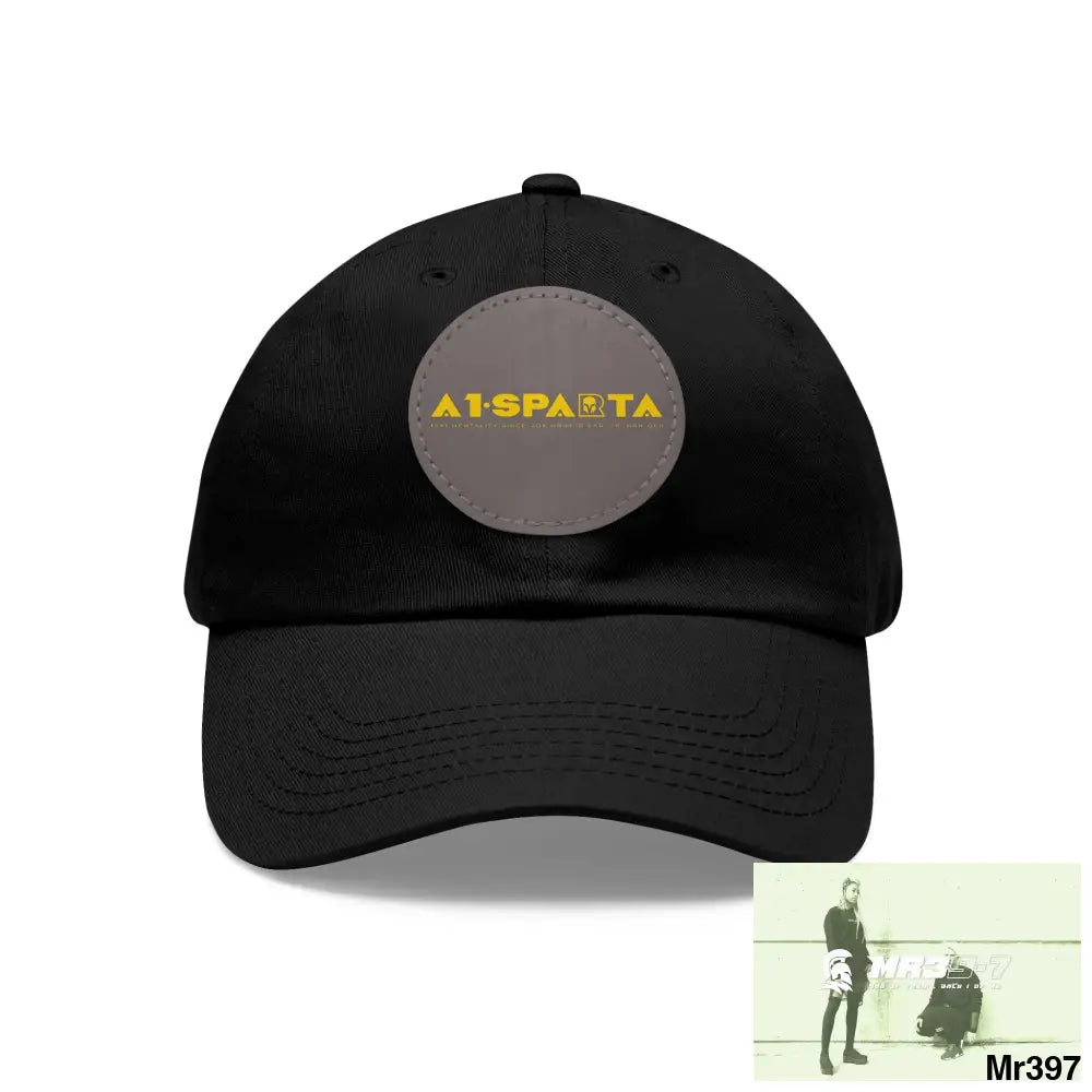 A1.Sparta Dad Hat with Leather Patch (Round) Black / Grey patch / Circle / One size Hats
