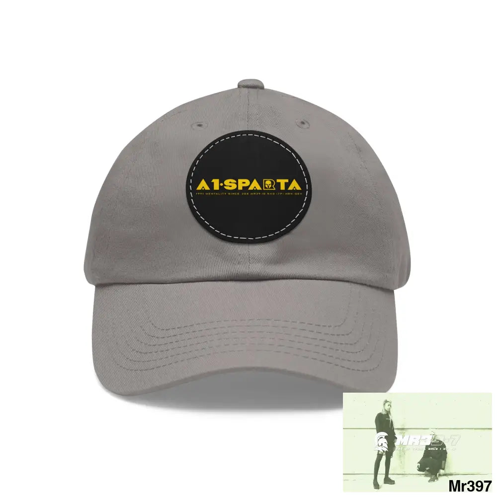A1.Sparta Dad Hat with Leather Patch (Round) Grey / Black patch / Circle / One size Hats