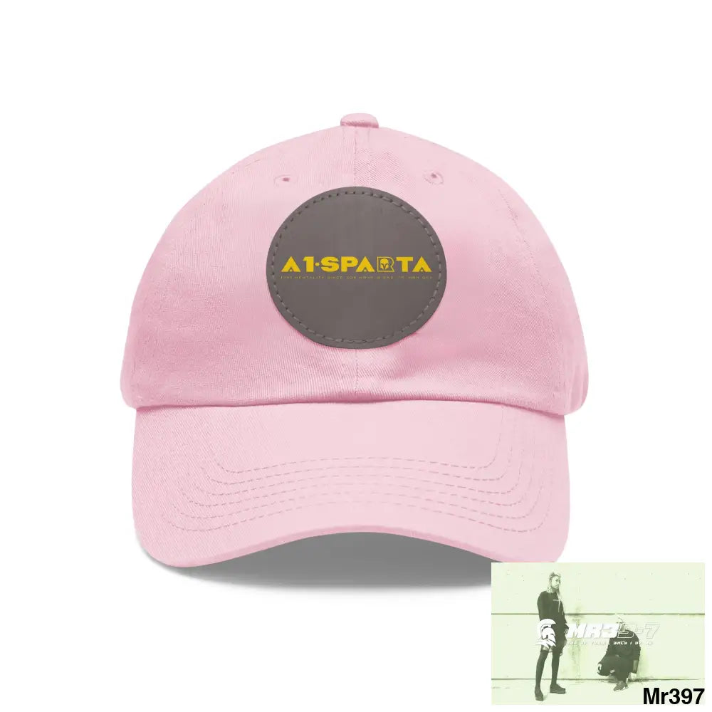 A1.Sparta Dad Hat with Leather Patch (Round) Light Pink / Grey patch / Circle / One size Hats