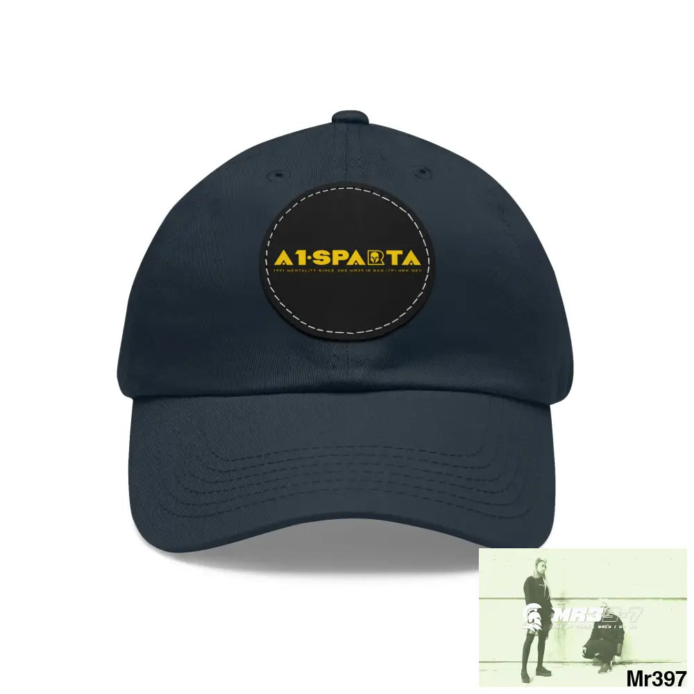 A1.Sparta Dad Hat with Leather Patch (Round) Navy / Black patch / Circle / One size Hats