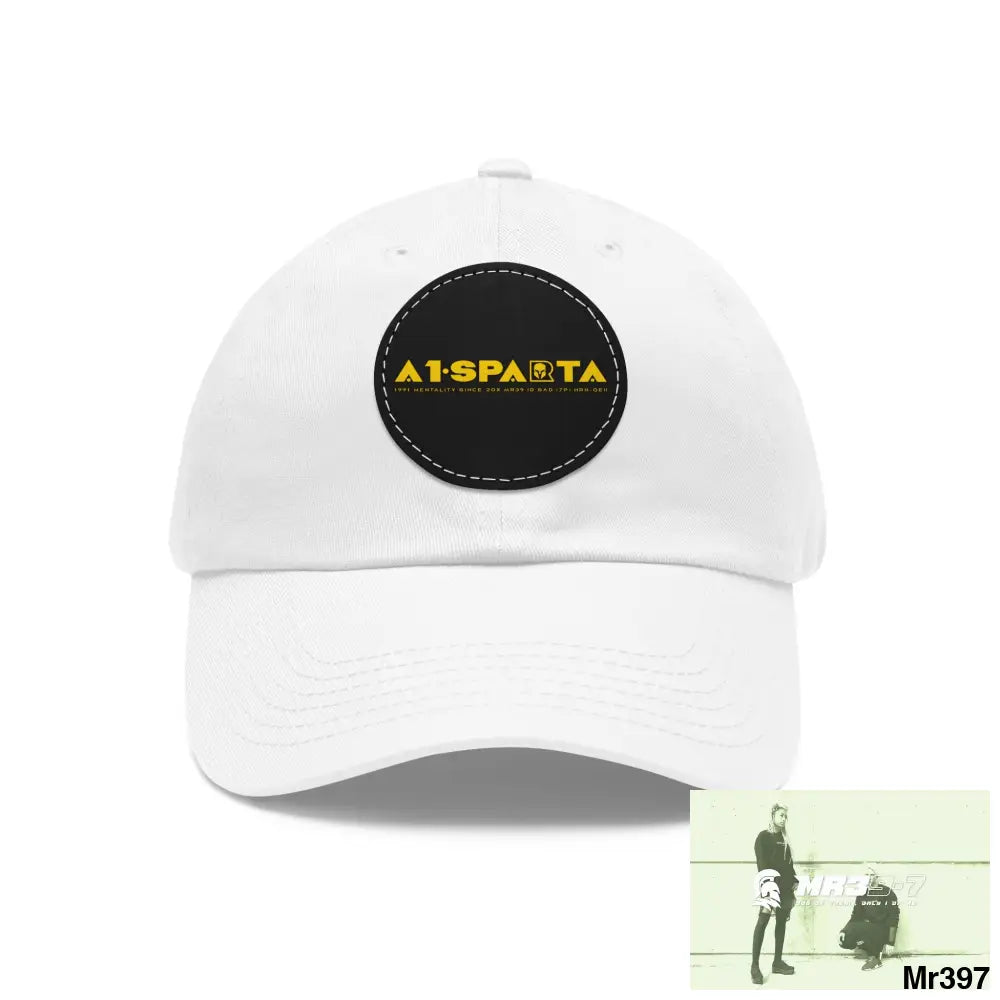A1.Sparta Dad Hat with Leather Patch (Round) White / Black patch / Circle / One size Hats