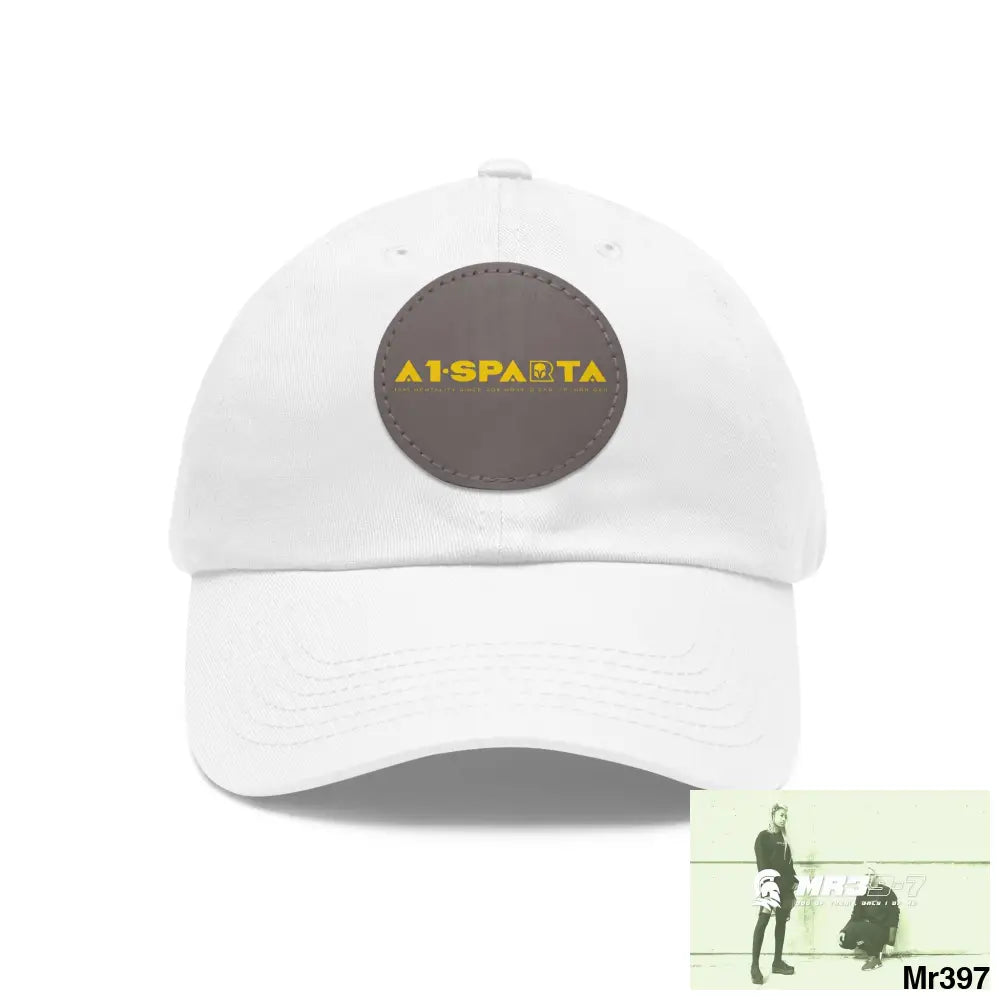 A1.Sparta Dad Hat with Leather Patch (Round) White / Grey patch / Circle / One size Hats