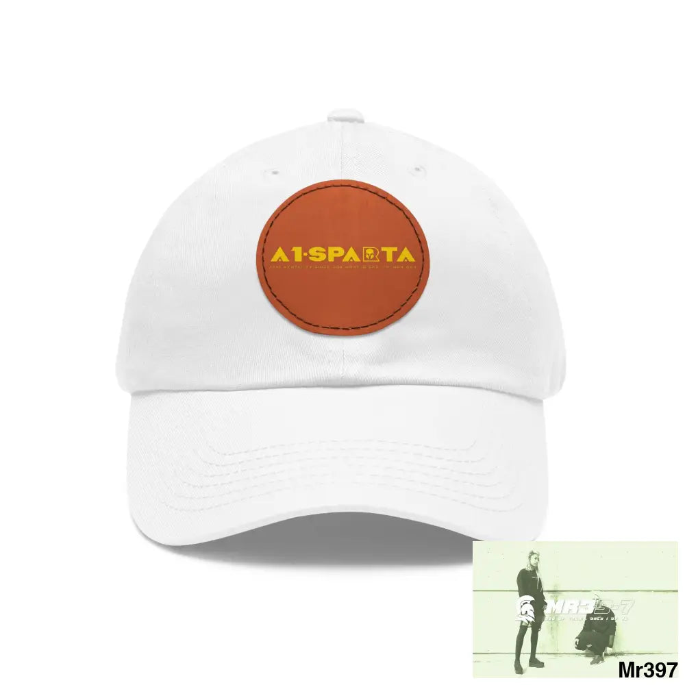 A1.Sparta Dad Hat with Leather Patch (Round) White / Light Brown patch / Circle / One size Hats
