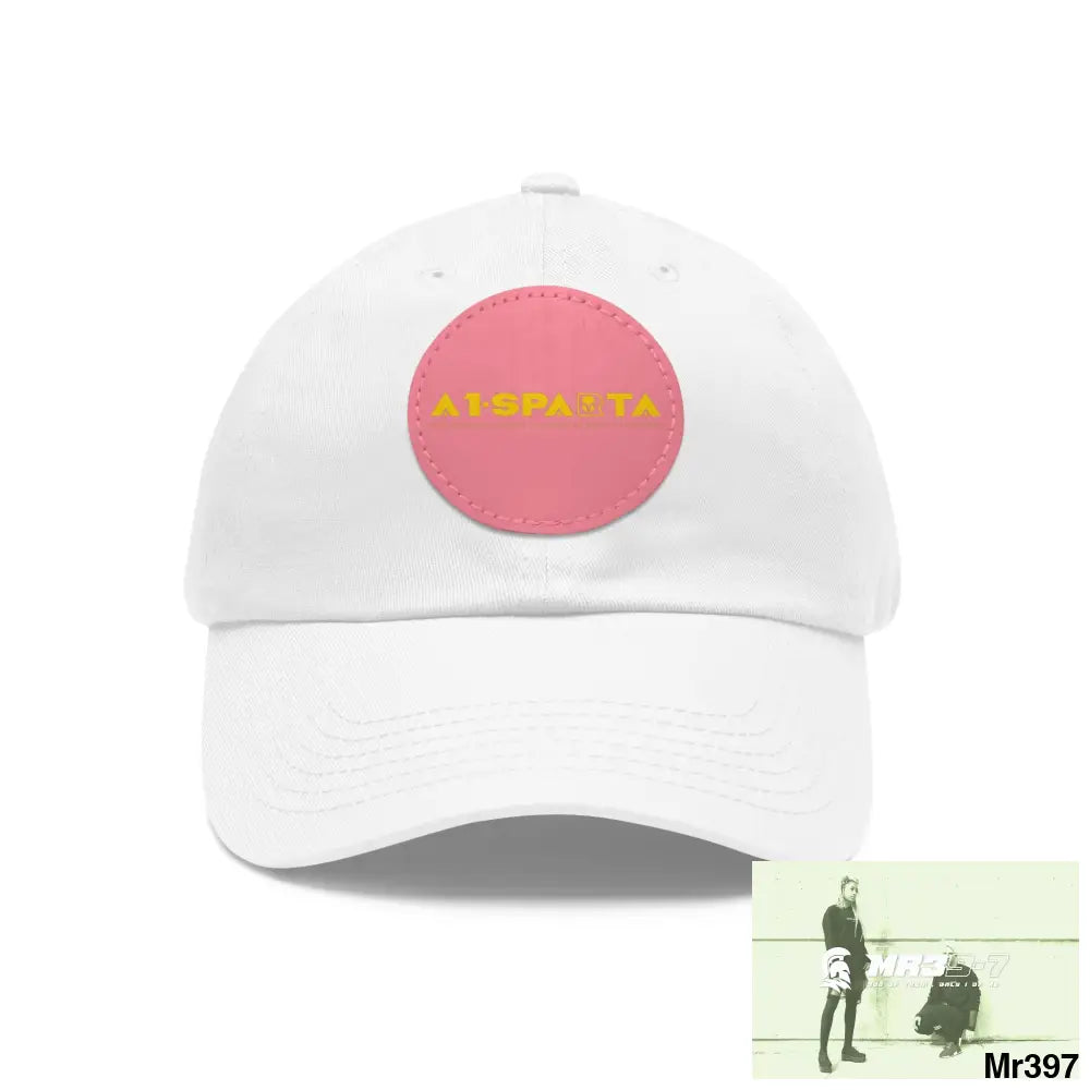 A1.Sparta Dad Hat with Leather Patch (Round) White / Pink patch / Circle / One size Hats