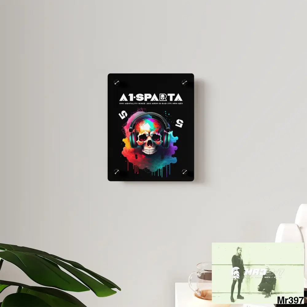 A1-Sparta E + 5 Colourful Skull Headphones Acrylic Wall Art Panels Home Decor