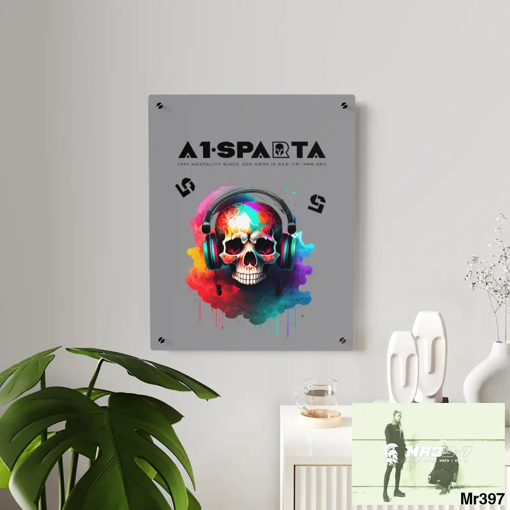 A1-Sparta E + 5 Colourful Skull Headphones Acrylic Wall Art Panels Home Decor