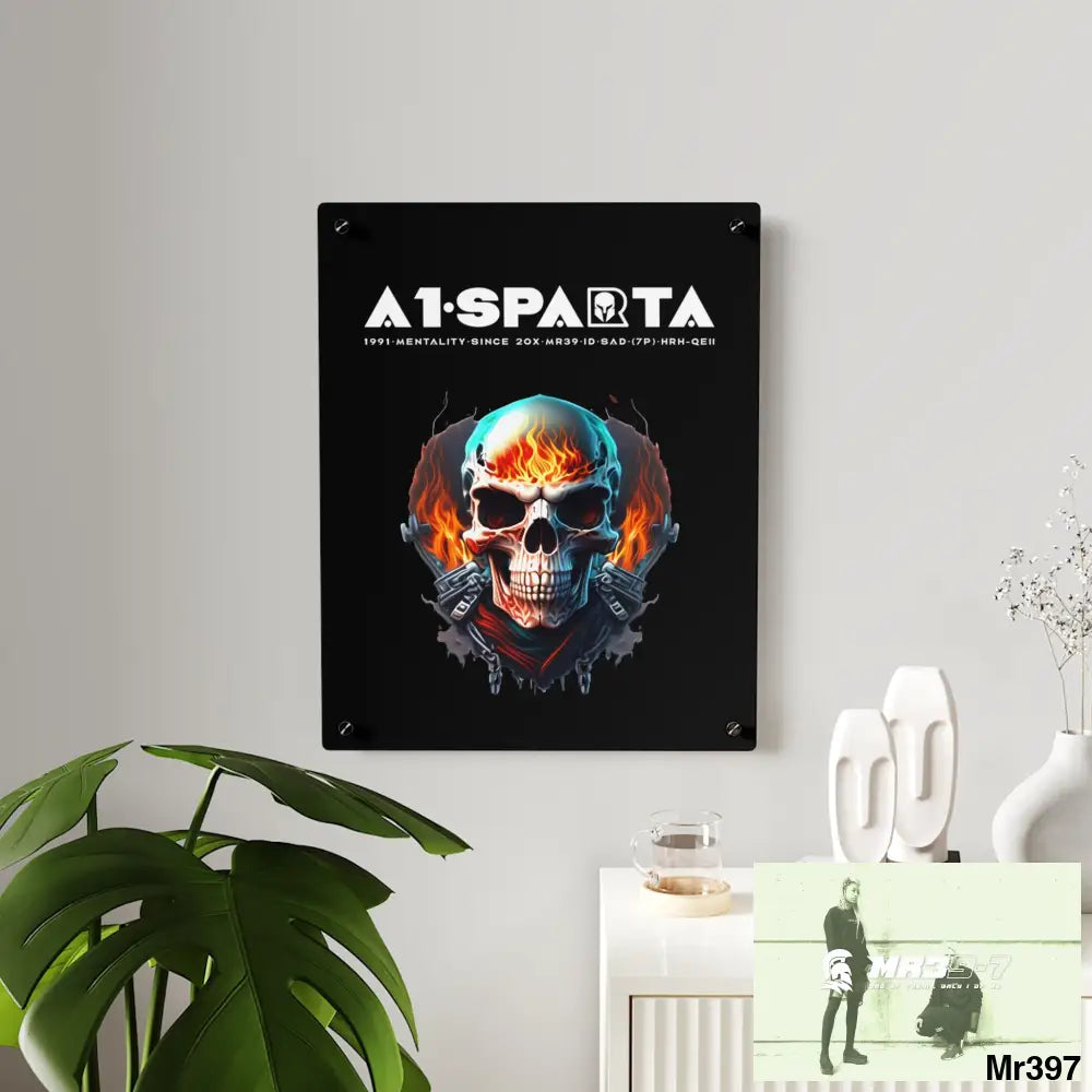 A1-Sparta Flame Biker Skull Graphic Acrylic Wall Art Panels Home Decor