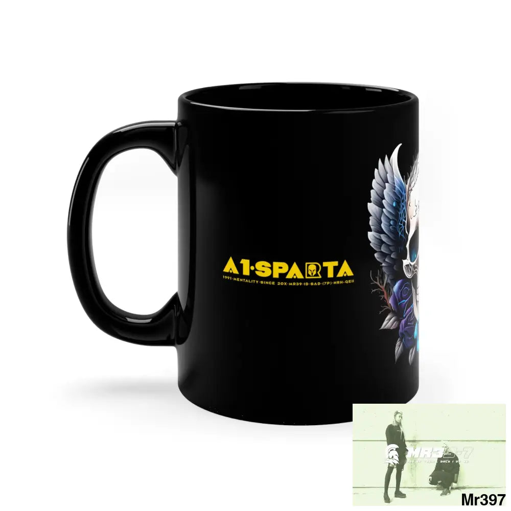 A1- Sparta GBR Gothic Skull with Black Wings and Blue Roses 11oz Black Mug 11oz Mug