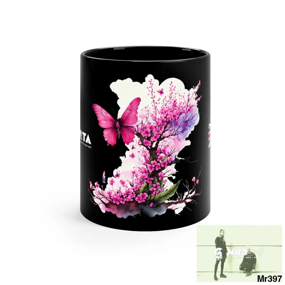 A1- Sparta GBR Pink Butterfly on Ornamental Cherry Tree Branch 11oz Black Mug 11oz Mug