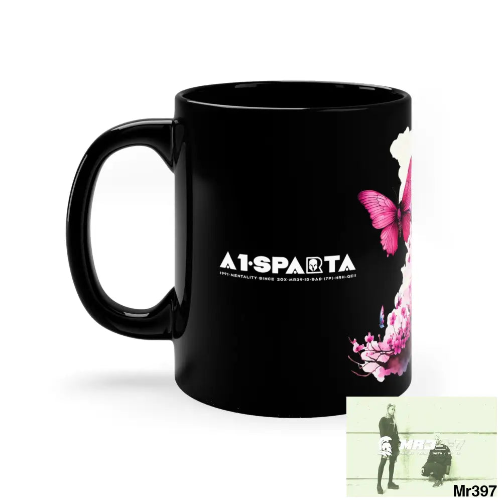 A1- Sparta GBR Pink Butterfly on Ornamental Cherry Tree Branch 11oz Black Mug 11oz Mug