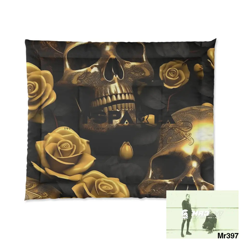 A1-Sparta Gold Skulls & Roses Comforter 104’’ × 88’’ Home Decor