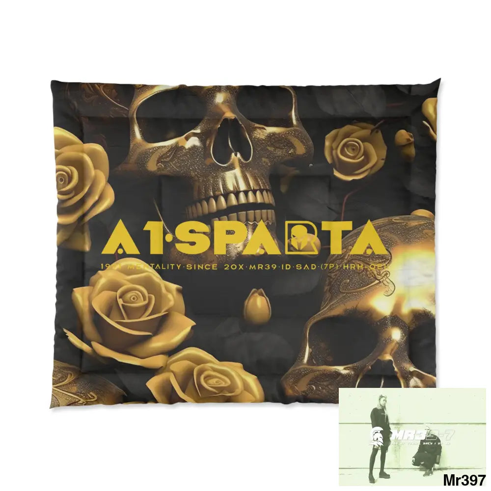 A1-Sparta Gold Skulls & Roses Comforter 104’’ × 88’’ Home Decor
