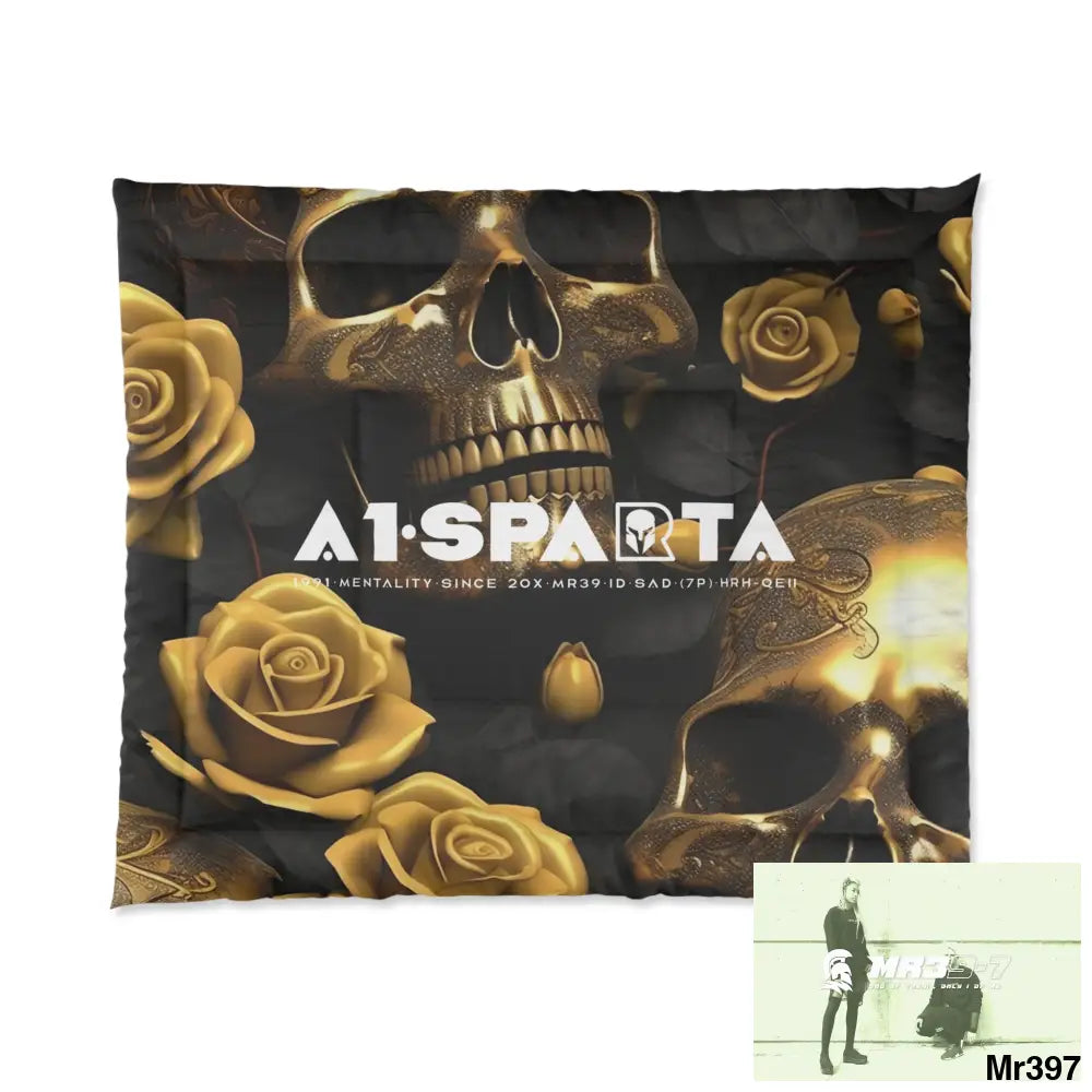A1-Sparta Gold Skulls & Roses Comforter 104’’ × 88’’ Home Decor