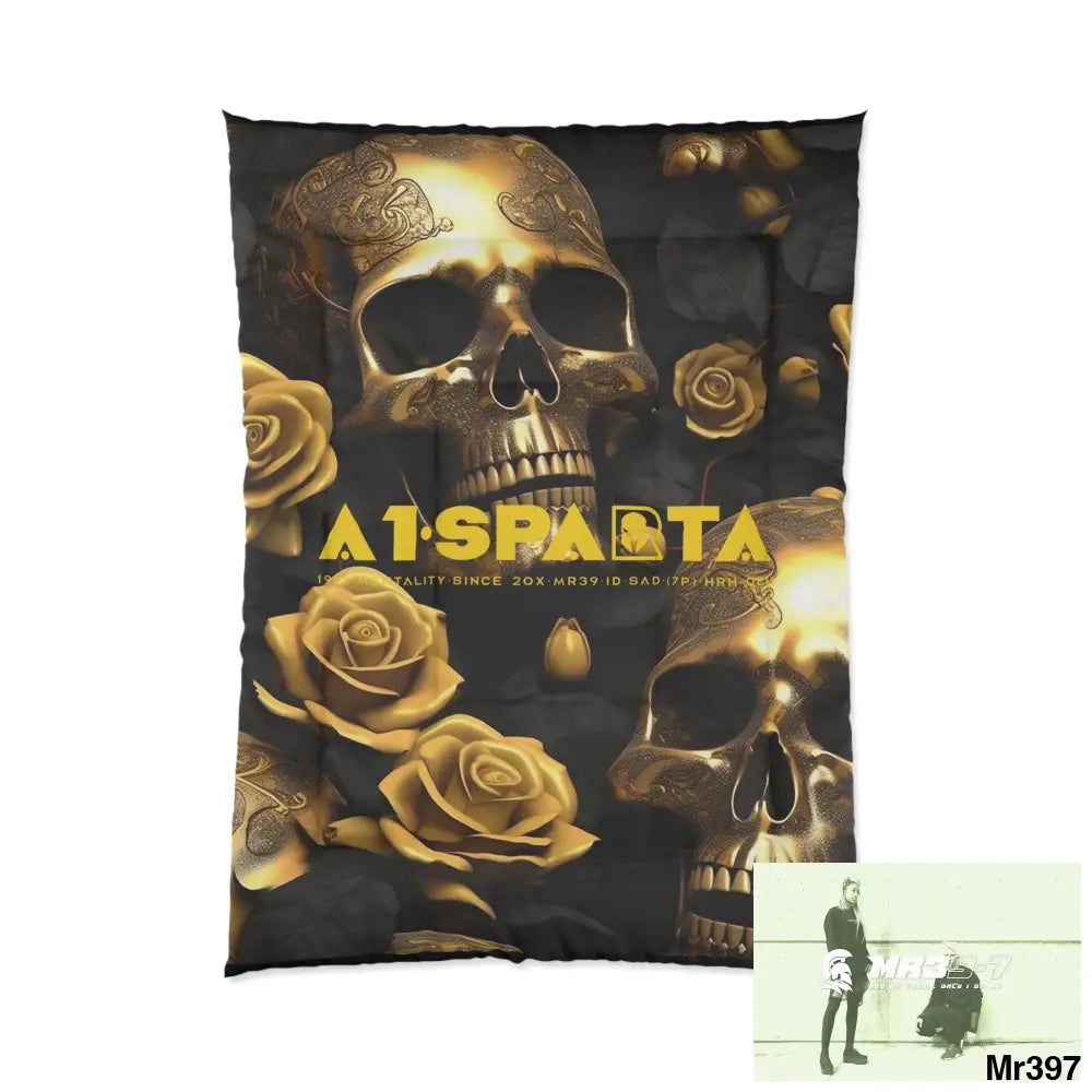 A1-Sparta Gold Skulls & Roses Comforter 68’’ × 92’’ Home Decor