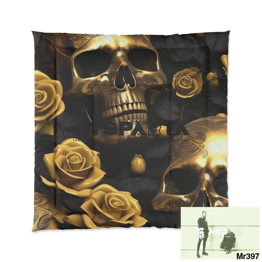 A1-Sparta Gold Skulls & Roses Comforter 88’’ × 88’’ Home Decor