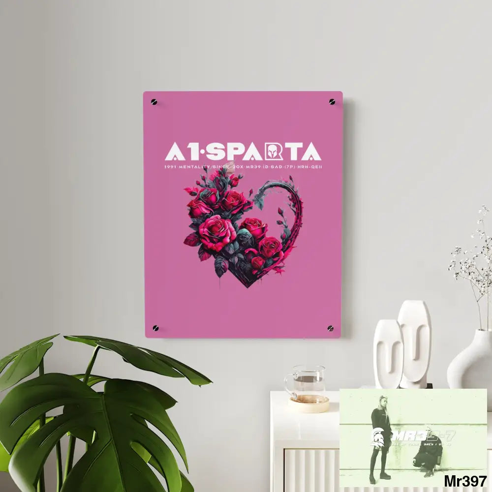 A1-Sparta Heart made of Pink Roses on Black Background Acrylic Wall Art Panels Home Decor