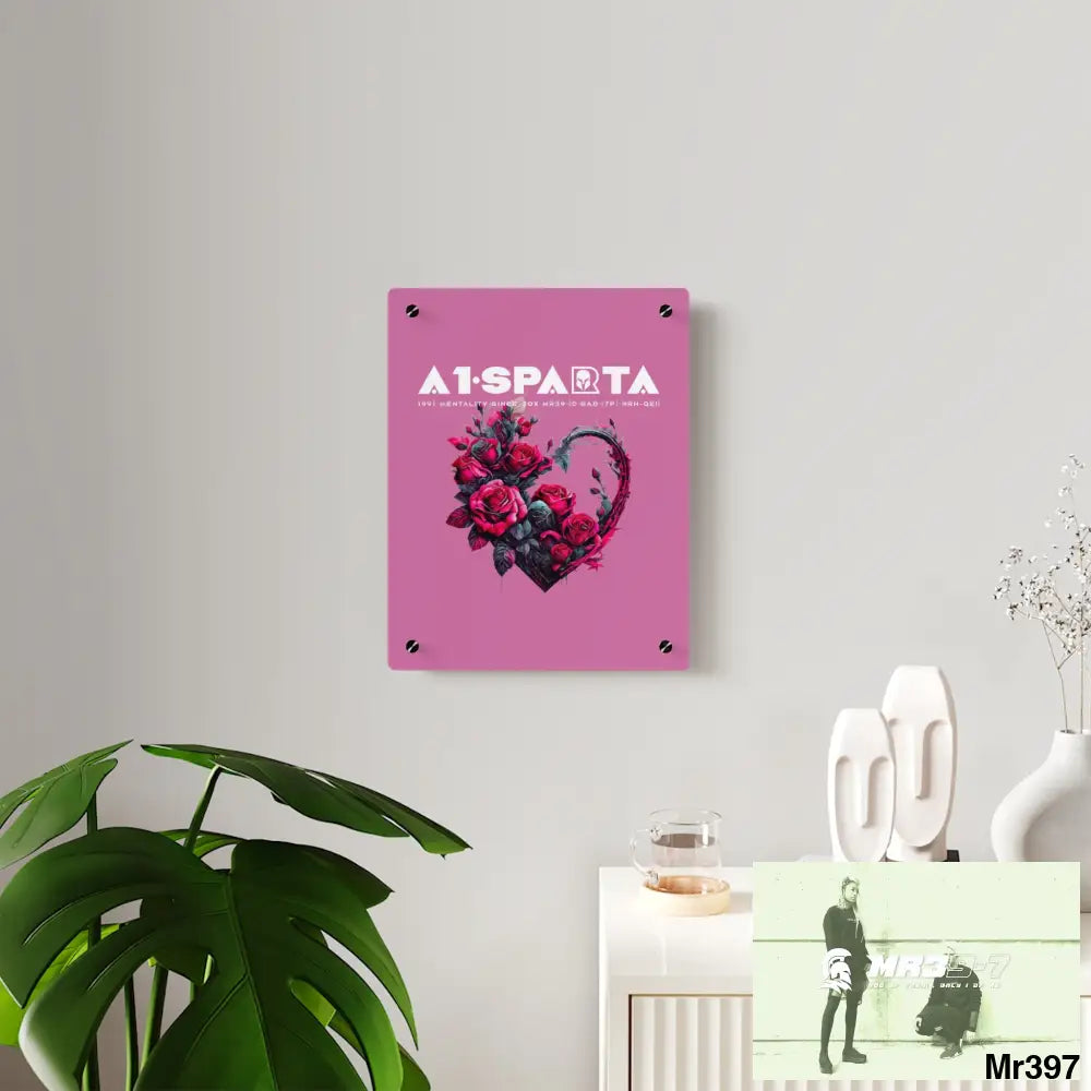 A1-Sparta Heart made of Pink Roses on Black Background Acrylic Wall Art Panels Home Decor