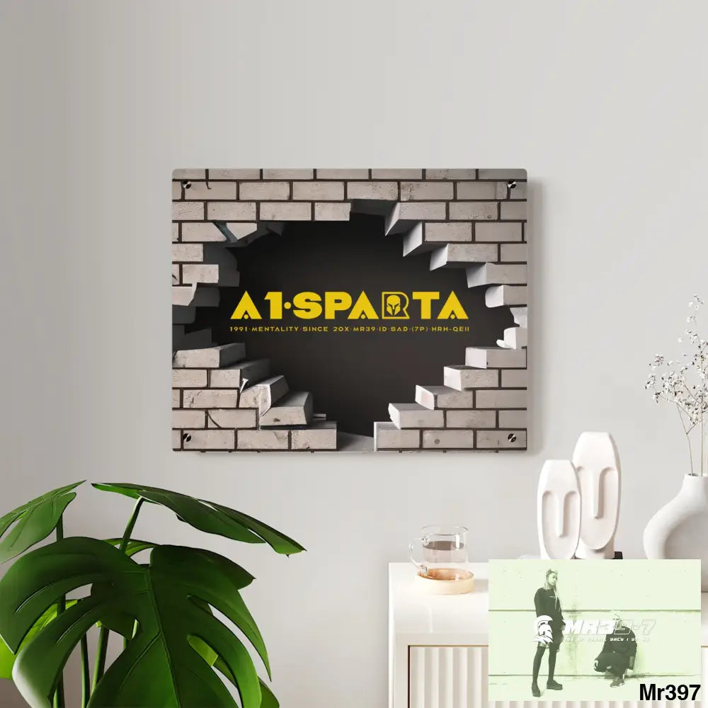 A1-Sparta Through the 3D Cracked Brick Wall Graphic Acrylic Wall Art Panels Home Decor