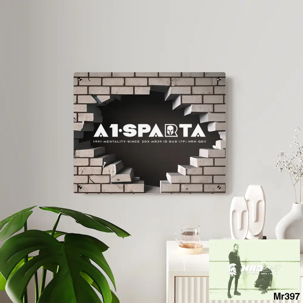 A1-Sparta Through the 3D Cracked Brick Wall Graphic Acrylic Wall Art Panels Home Decor
