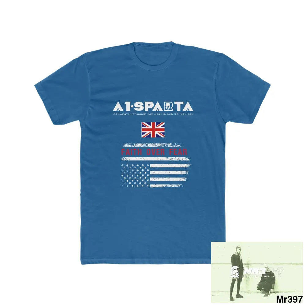 A1• Sparta UK & USA Faith Over Fear & The Columbians My Work 2021-23 - Men’s Cotton Crew Tee Solid Cool Blue / S T-Shirt