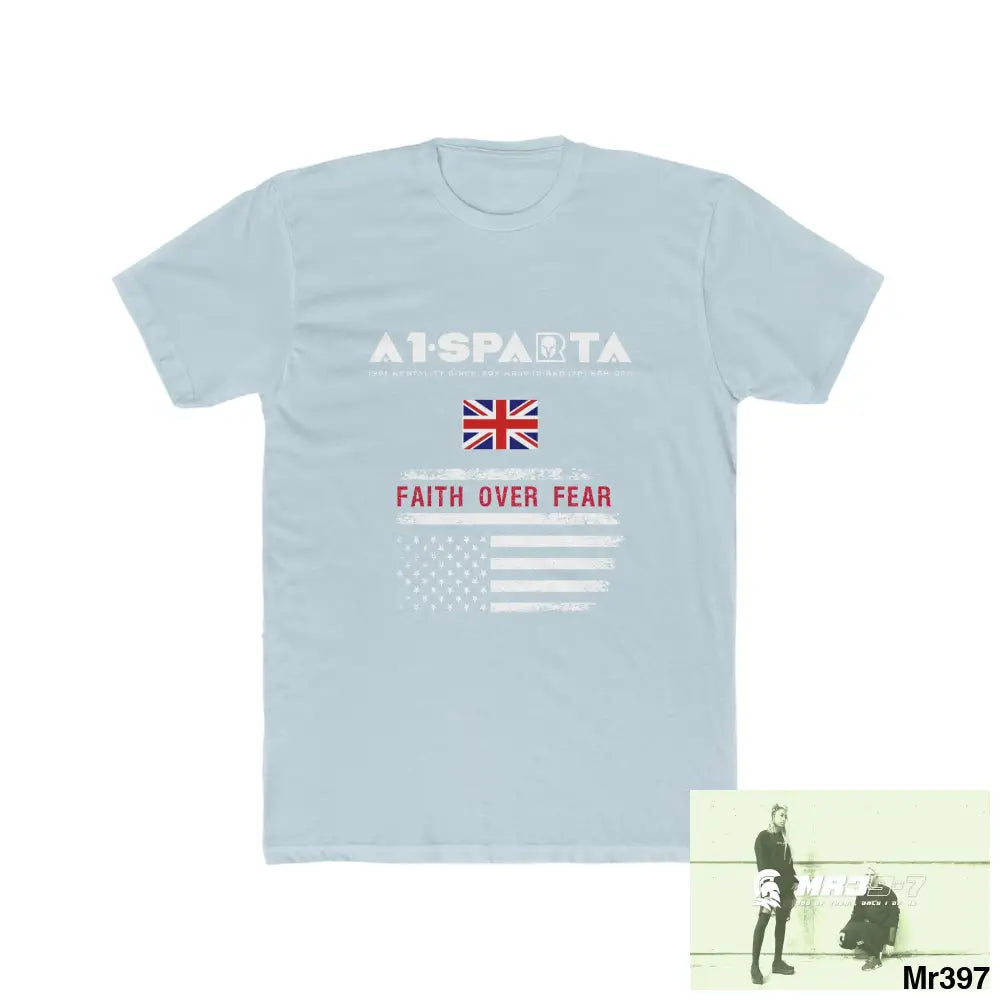 A1• Sparta UK & USA Faith Over Fear & The Columbians My Work 2021-23 - Men’s Cotton Crew Tee Solid Light Blue / S