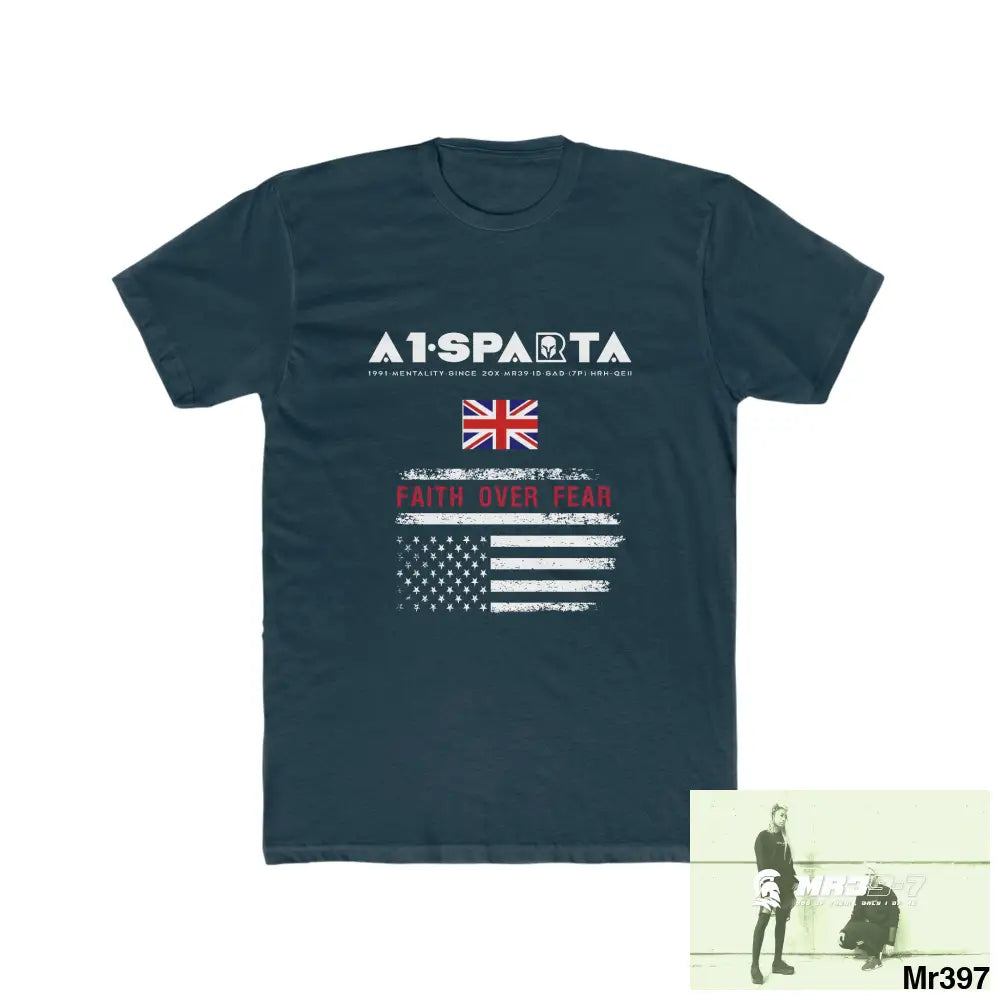 A1• Sparta UK & USA Faith Over Fear & The Columbians My Work 2021-23 - Men’s Cotton Crew Tee Solid Midnight Navy / XS