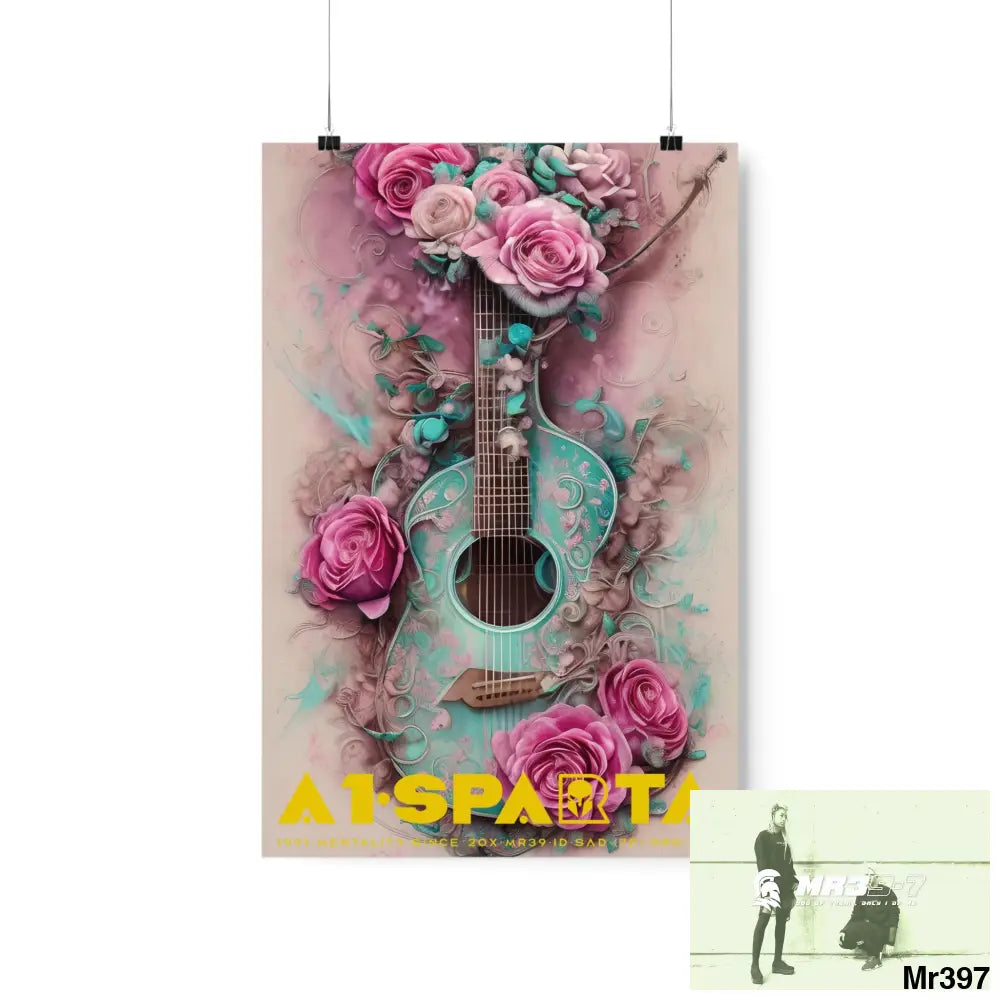 A1.Sparta with pink roses and guitar Matte Vertical Posters 12″ x 18″ / Matte Poster