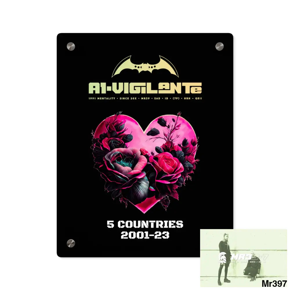 A1-Vigilante 5 Countries 2001-23 Heart made of pink roses with black accents Acrylic Wall Art Panels 11″ x 14″