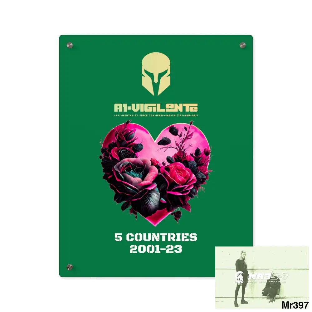 A1-Vigilante 5 Countries 2001-23 Heart made of pink roses with black accents Acrylic Wall Art Panels 16″ x 20″