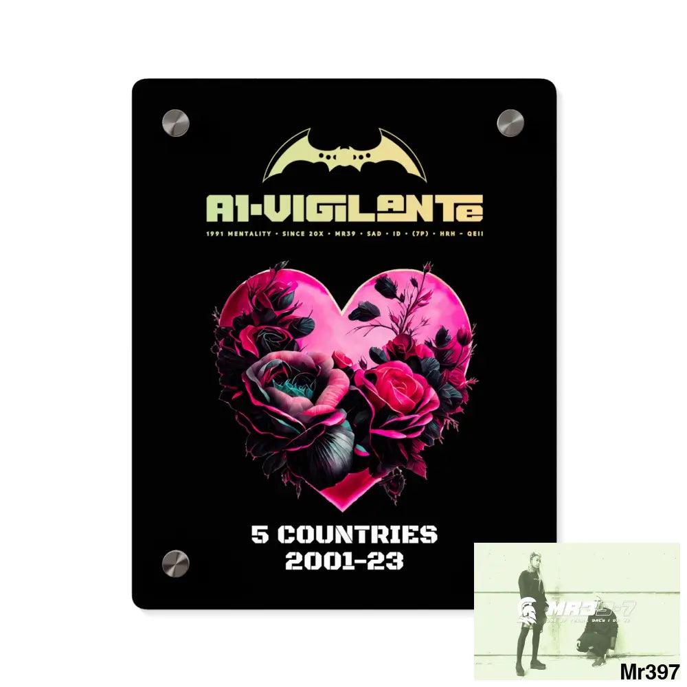 A1-Vigilante 5 Countries 2001-23 Heart made of pink roses with black accents Acrylic Wall Art Panels 8″ x 10″