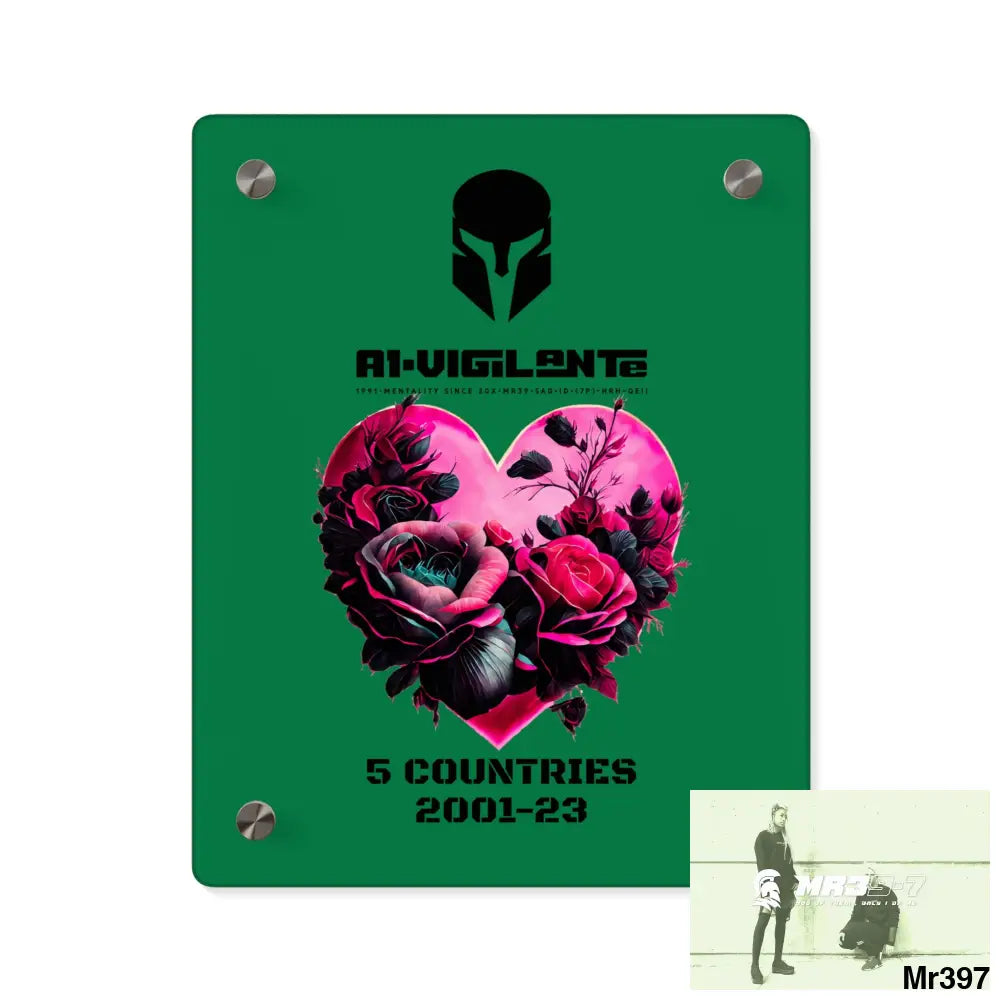 A1-Vigilante 5 Countries 2001-23 Heart made of pink roses with black accents Acrylic Wall Art Panels 8″ x 10″