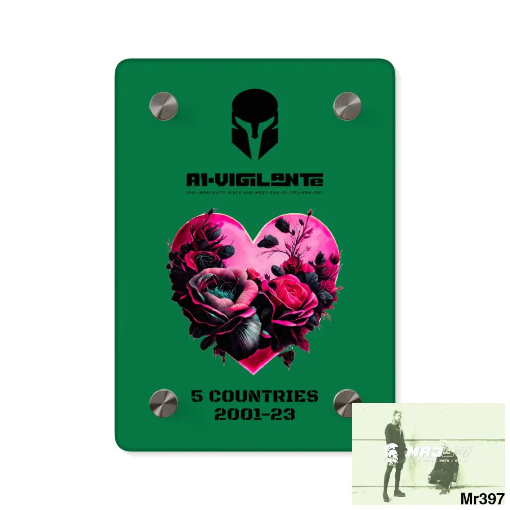 A1-Vigilante 5 Countries 2001-23 Heart made of pink roses with black accents Acrylic Wall Art Panels 5’’ x 7’’