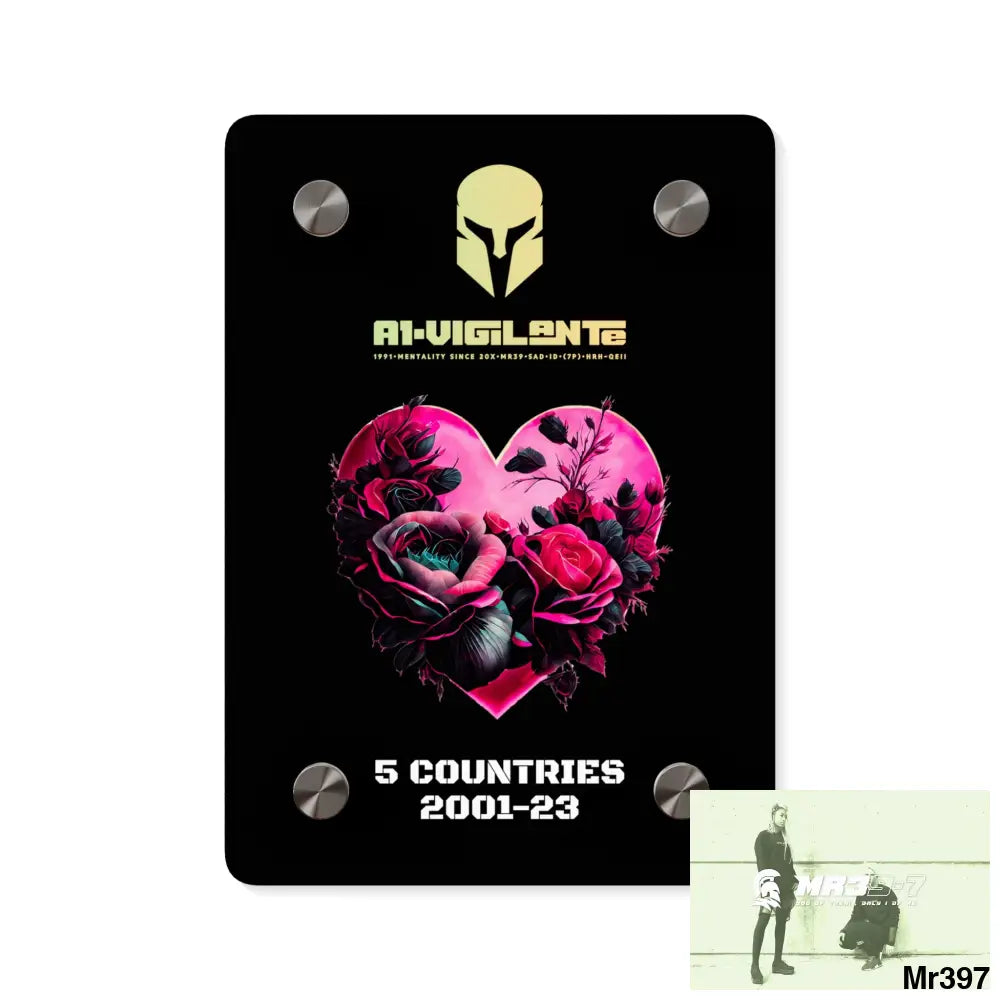 A1-Vigilante 5 Countries 2001-23 Heart made of pink roses with black accents Acrylic Wall Art Panels 5’’ x 7’’